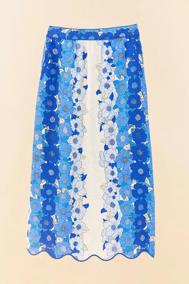 Women Blue Flower Stripes Midi Skirt Flower Stripes Offwhite FARM Rio Skirts