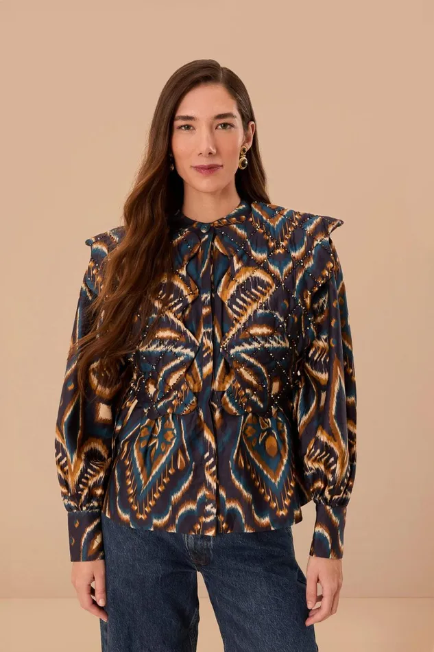 Women Blue Pineapple Ikat Long Sleeve Matelasse Blouse Pineapple Ikat Blue FARM Rio Blouses