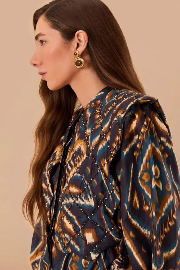 Women Blue Pineapple Ikat Long Sleeve Matelasse Blouse Pineapple Ikat Blue FARM Rio Blouses