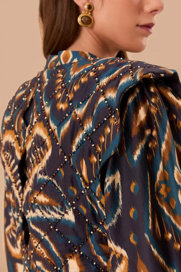 Women Blue Pineapple Ikat Long Sleeve Matelasse Blouse Pineapple Ikat Blue FARM Rio Blouses