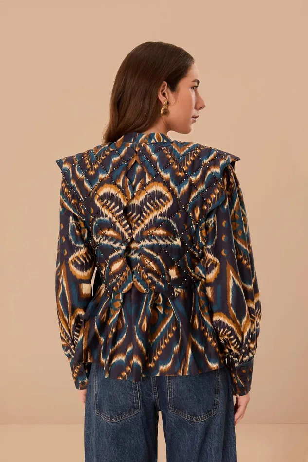 Women Blue Pineapple Ikat Long Sleeve Matelasse Blouse Pineapple Ikat Blue FARM Rio Blouses