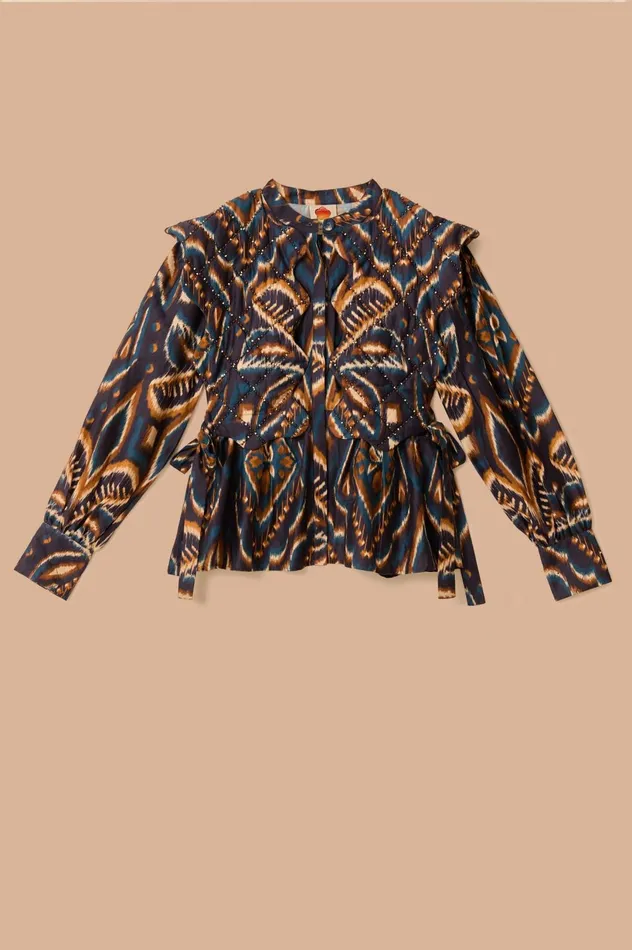 Women Blue Pineapple Ikat Long Sleeve Matelasse Blouse Pineapple Ikat Blue FARM Rio Blouses