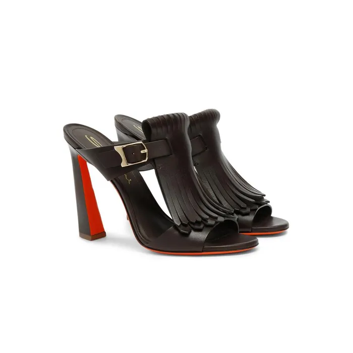 Women Brown Leather HighHeel Dua Slide Sandal With Fringe Santoni Sandals