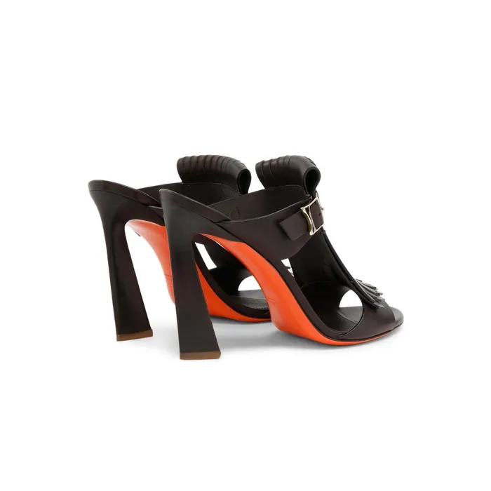 Women Brown Leather HighHeel Dua Slide Sandal With Fringe Santoni Sandals