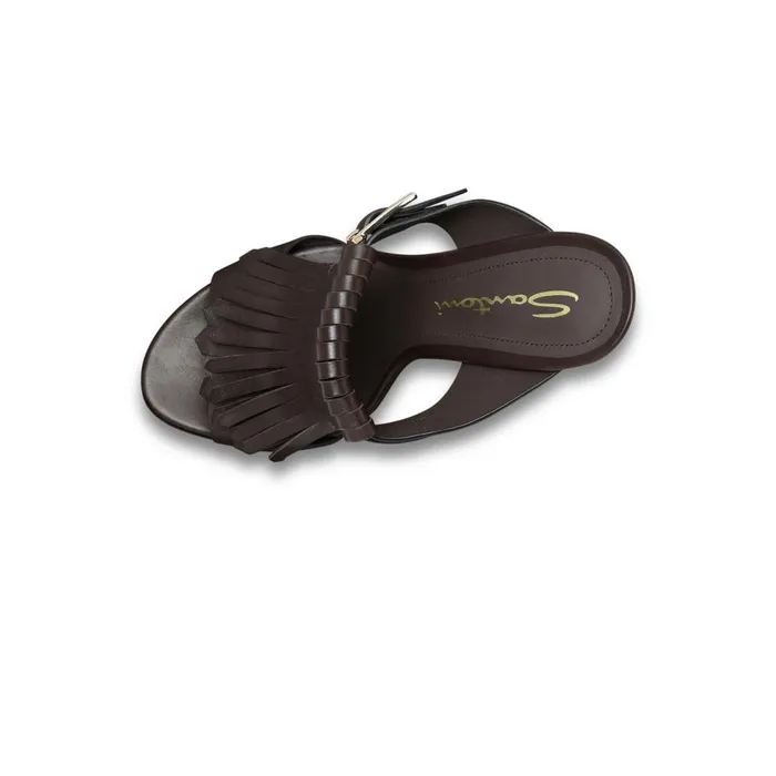 Women Brown Leather HighHeel Dua Slide Sandal With Fringe Santoni Sandals