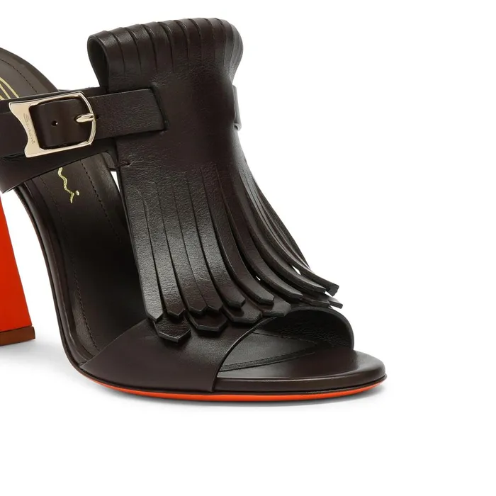 Women Brown Leather HighHeel Dua Slide Sandal With Fringe Santoni Sandals