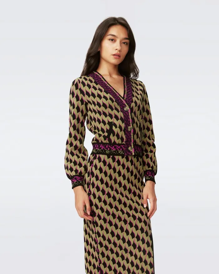 Women Bryant Knit Jacquard Cardigan Bird Weave Misty Green DVF Sweaters and Knits