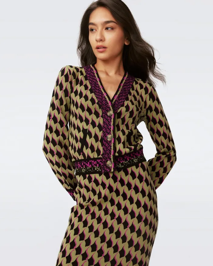 Women Bryant Knit Jacquard Cardigan Bird Weave Misty Green DVF Sweaters and Knits