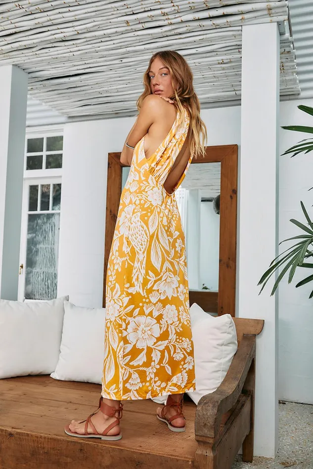 Women Casual Dresses Free People Time To Shine Printed Maxi Curry Combo