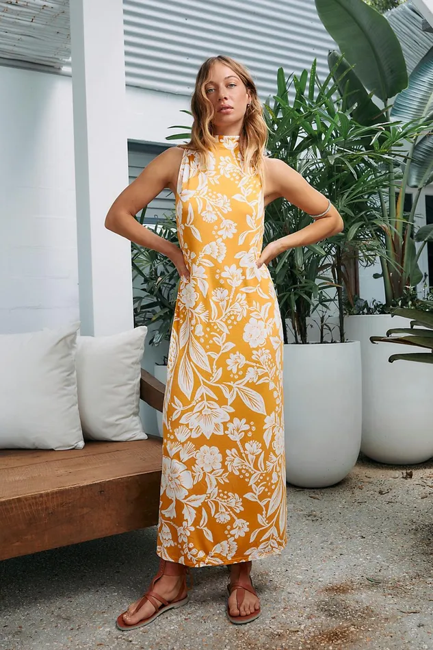Women Casual Dresses Free People Time To Shine Printed Maxi Curry Combo