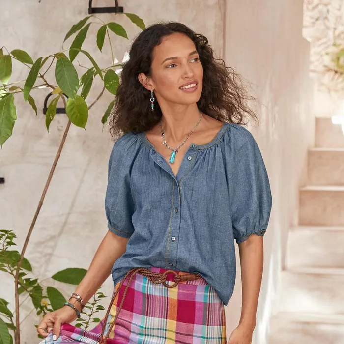 Women Chambray Graceful Days Top Chambray Sundance Catalog Tops