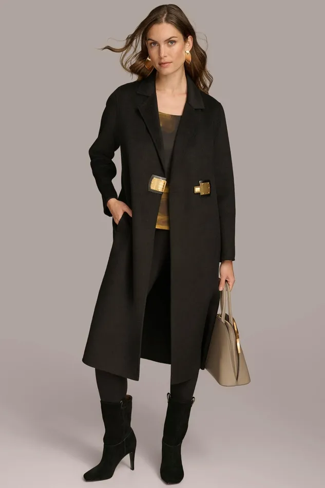 Women Coats And Jackets Donna Karan TAILORED COAT WITH BRUSHED HARDWARE DETAIL Black