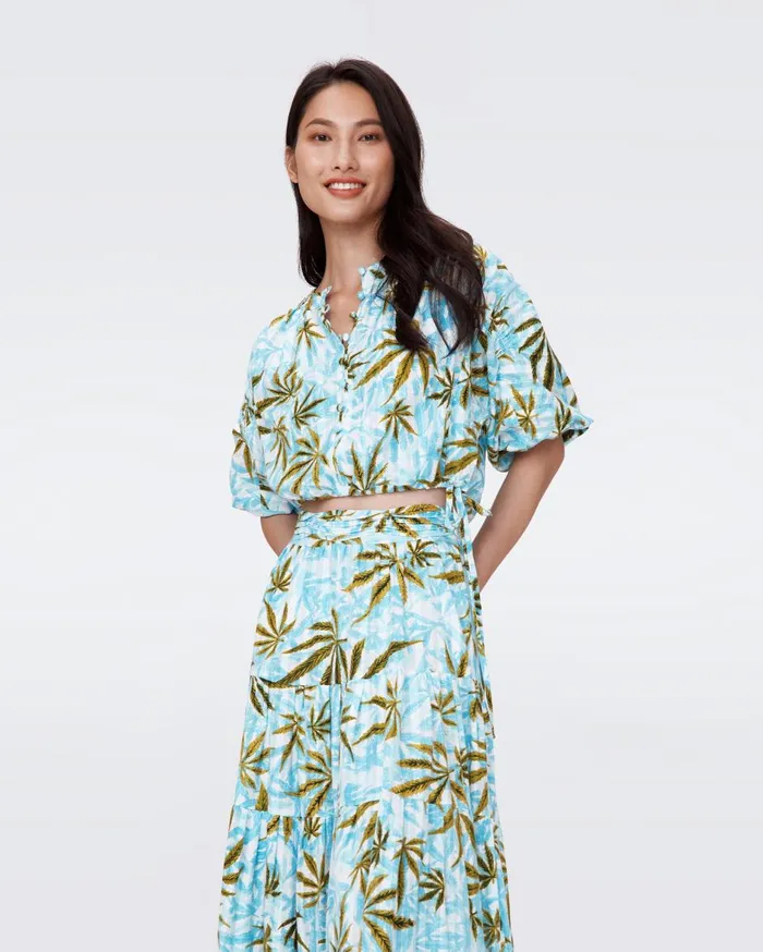 Women Dario Cotton Dobby Top Huge Cannabis Blue DVF Tops
