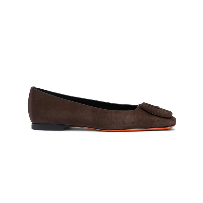 Women Dark Brown Suede Ballet Flat Santoni Flats Shoes
