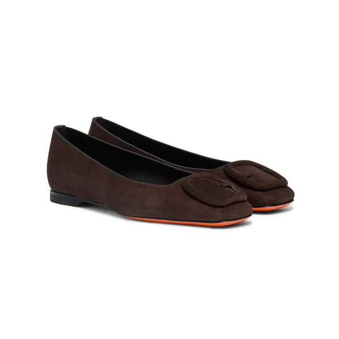 Women Dark Brown Suede Ballet Flat Santoni Flats Shoes