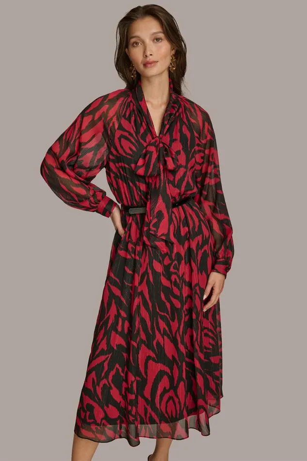 Women Dresses And Jumpsuits Donna Karan CHIFFON SHIRT DRESS MIDI WITH BELT Redblack Multi
