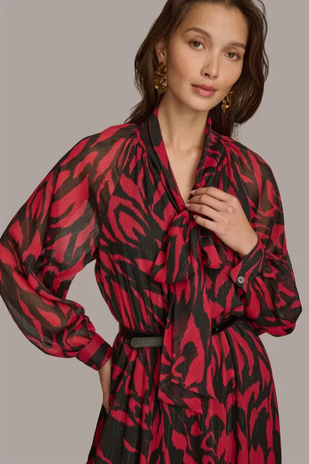 Women Dresses And Jumpsuits Donna Karan CHIFFON SHIRT DRESS MIDI WITH BELT Redblack Multi