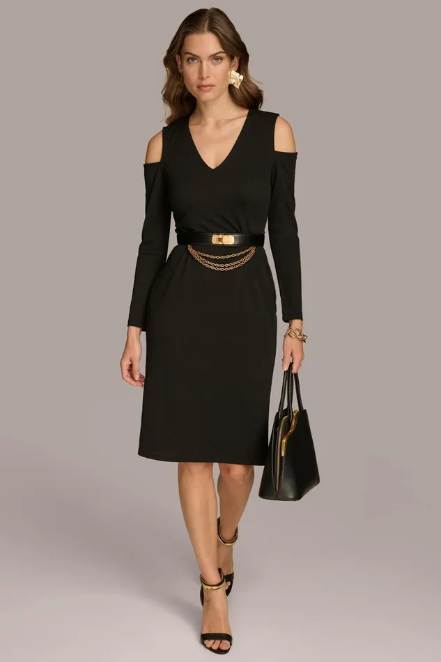 Women Dresses And Jumpsuits Donna Karan COLD SHOULDER DRESS WITH CHAIN BELT Black Women Dresses And Jumpsuits Donna Karan COLD SHOULDER DRESS WITH CHAIN BELT Black