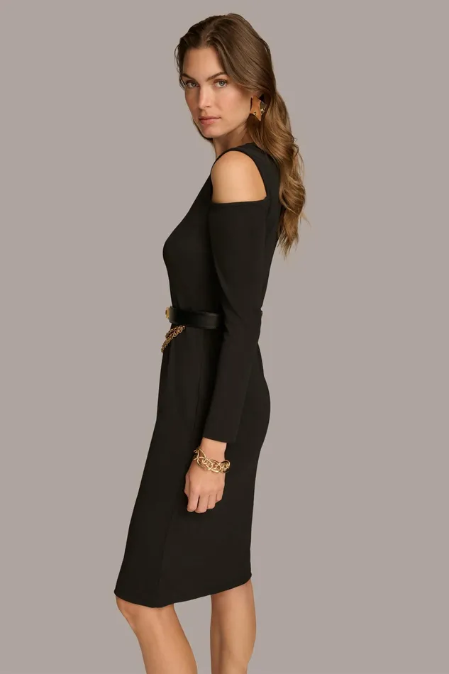 Women Dresses And Jumpsuits Donna Karan COLD SHOULDER DRESS WITH CHAIN BELT Black