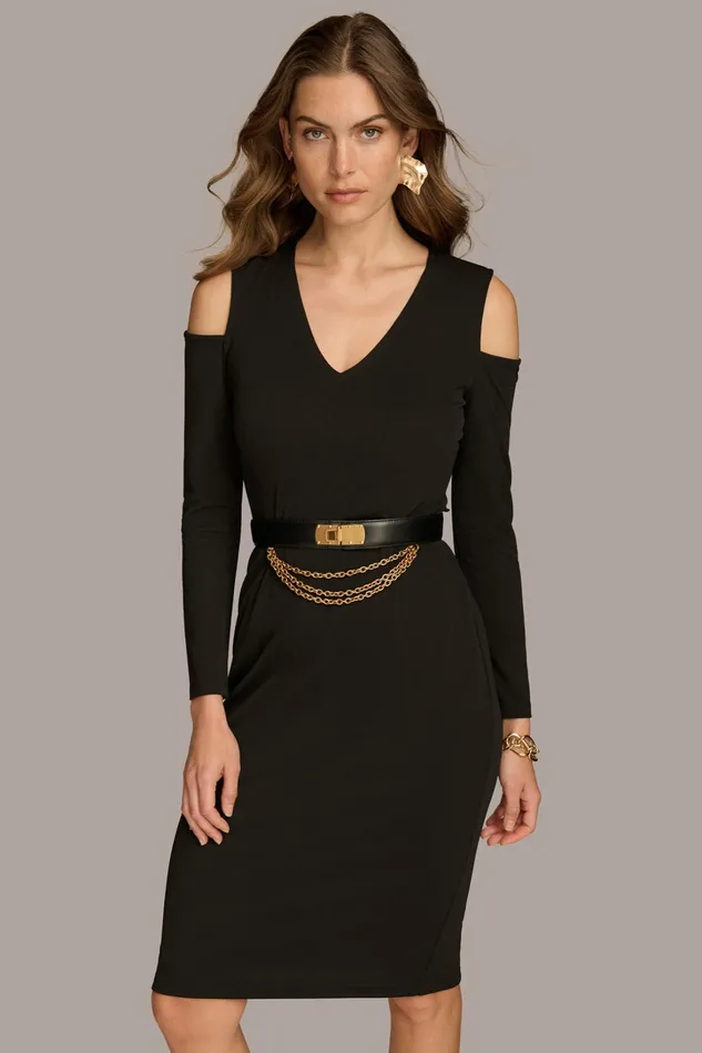 Women Dresses And Jumpsuits Donna Karan COLD SHOULDER DRESS WITH CHAIN BELT Black