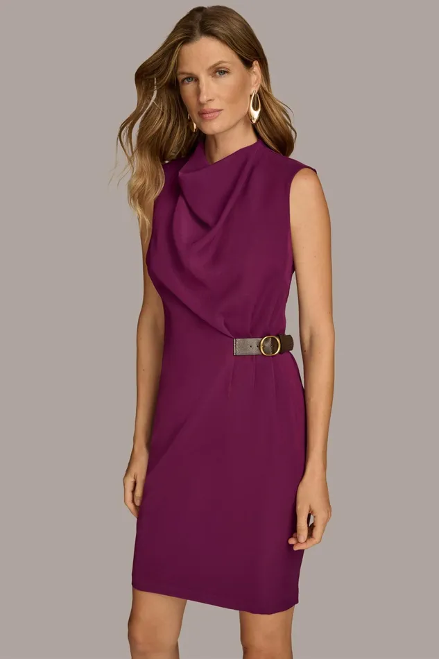 Women Dresses And Jumpsuits Donna Karan MOCK NECK DRESS WITH SIDE BELT Elderberry