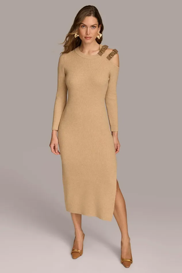 Women Dresses And Jumpsuits Donna Karan ONE SIDED COLD SHOULDER MIDI DRESS Camel Heather Women Dresses And Jumpsuits Donna Karan ONE SIDED COLD SHOULDER MIDI DRESS Camel Heather