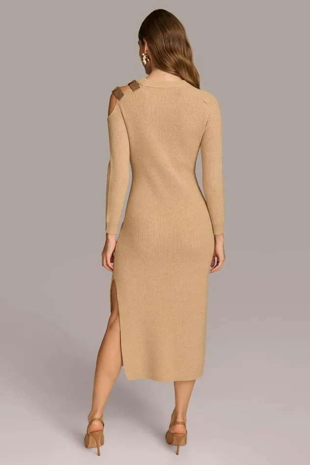 Women Dresses And Jumpsuits Donna Karan ONE SIDED COLD SHOULDER MIDI DRESS Camel Heather