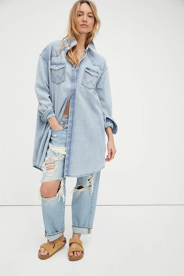 Women Dresses Free People Wrangler Denim Western Dress Light Blue