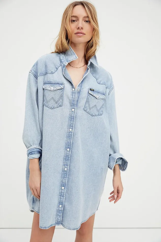 Women Dresses Free People Wrangler Denim Western Dress Light Blue