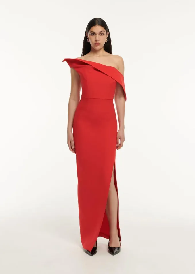 Women Dresses Roland Mouret Asymmetric Drape Wool Silk Maxi Dress