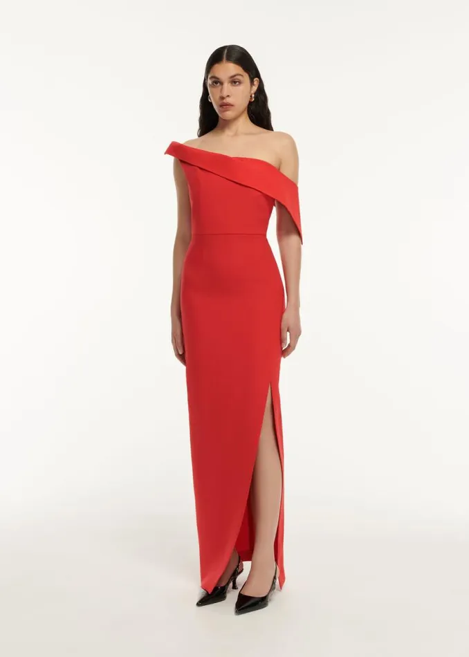 Women Dresses Roland Mouret Asymmetric Drape Wool Silk Maxi Dress