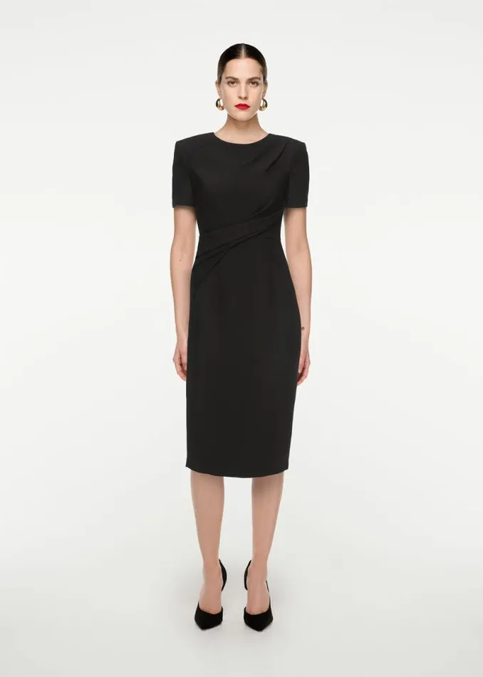 Women Dresses Roland Mouret Short Sleeve Drape Silk Wool Midi Dress