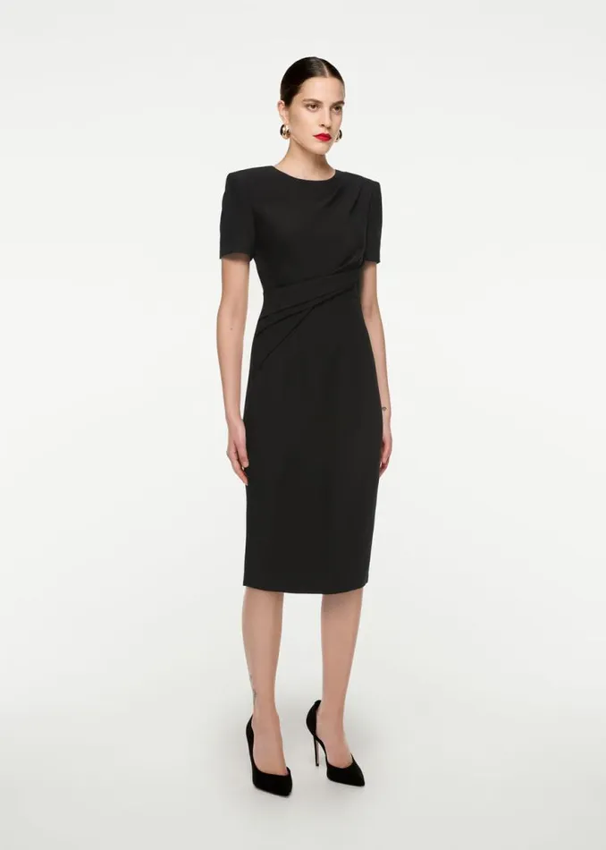 Women Dresses Roland Mouret Short Sleeve Drape Silk Wool Midi Dress