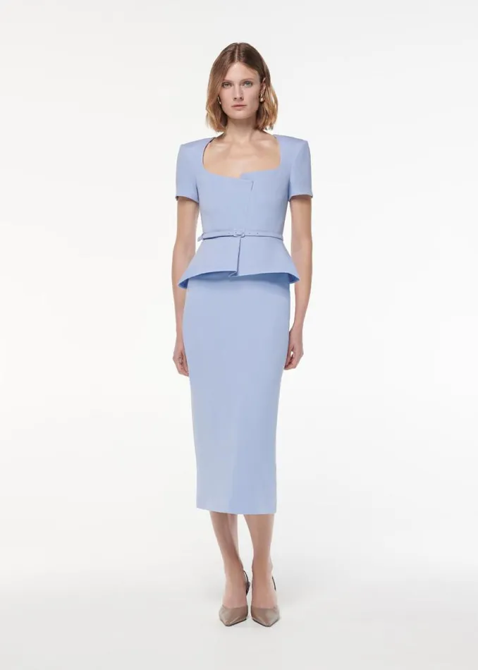 Women Dresses Roland Mouret Short Sleeve Peplum Wool Silk Midi Dress