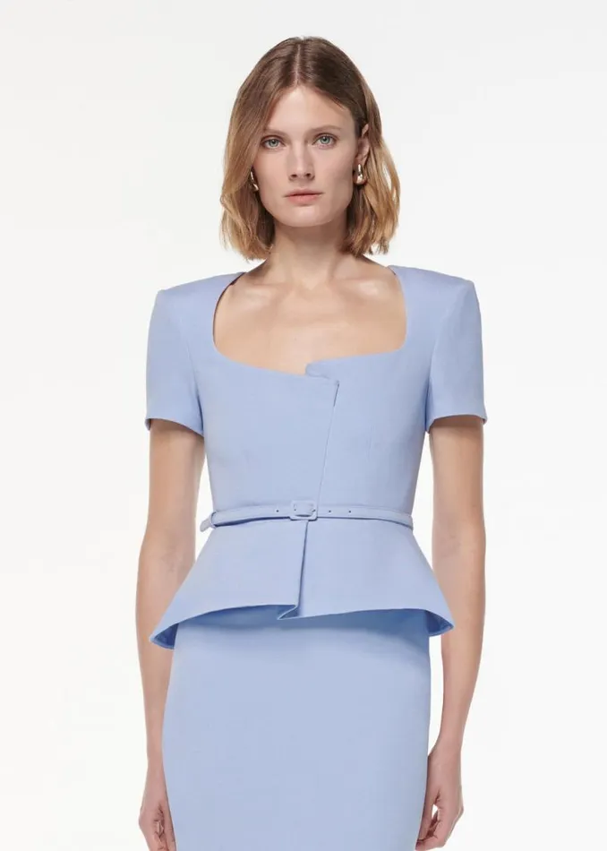 Women Dresses Roland Mouret Short Sleeve Peplum Wool Silk Midi Dress