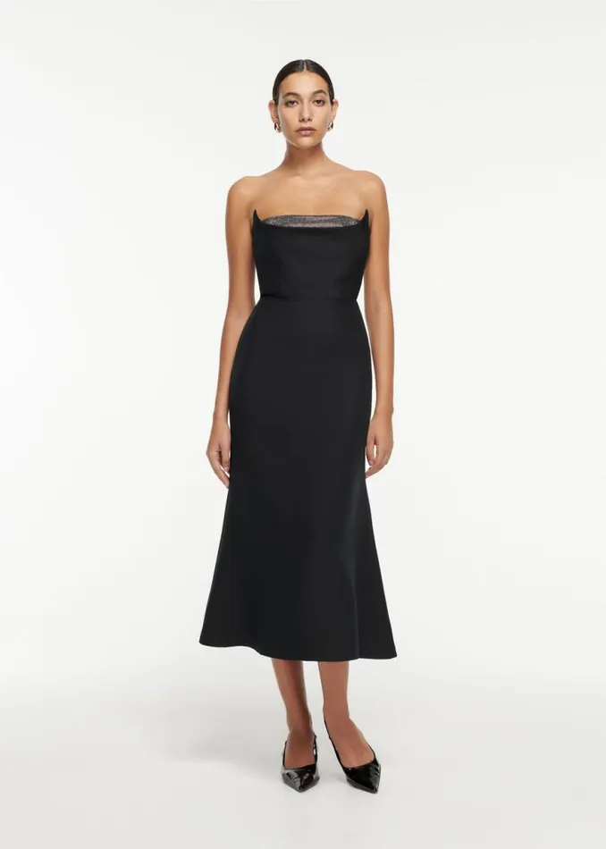 Women Dresses Roland Mouret Strapless Embellished Wool Silk Midi Dress