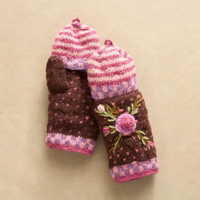 Women Frosty Blooms Convertible Mittens Raisin Sundance Catalog Scarves and Gloves