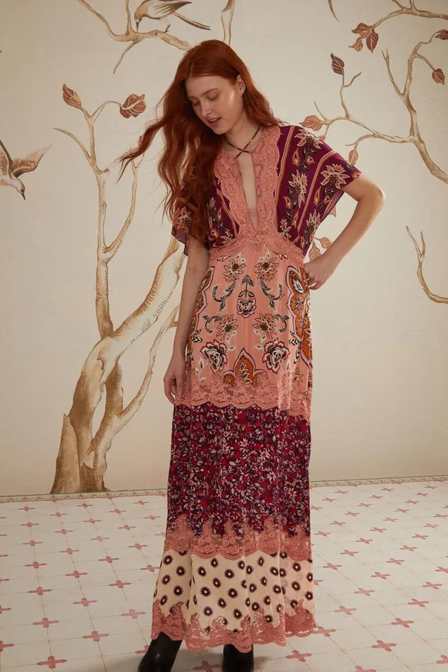 Women Glam Tapestry Burgundy Laces Short Sleeve Maxi Dress Glam Tapestry Burgundy FARM Rio Maxi Dresses
