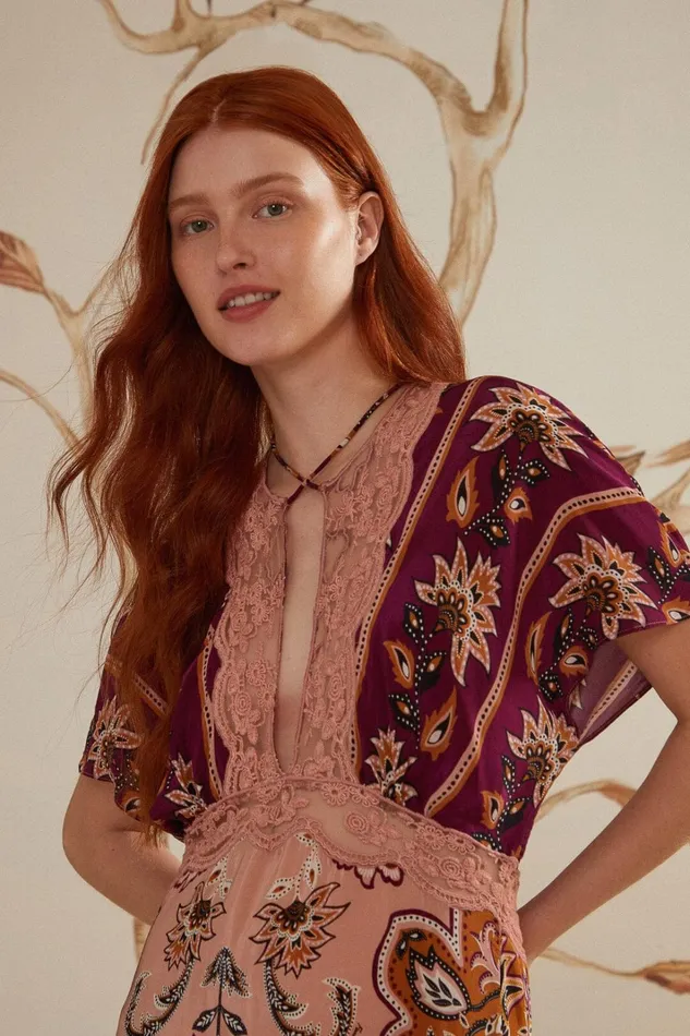 Women Glam Tapestry Burgundy Laces Short Sleeve Maxi Dress Glam Tapestry Burgundy FARM Rio Maxi Dresses