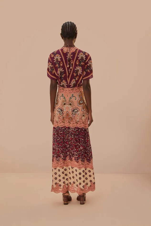 Women Glam Tapestry Burgundy Laces Short Sleeve Maxi Dress Glam Tapestry Burgundy FARM Rio Maxi Dresses