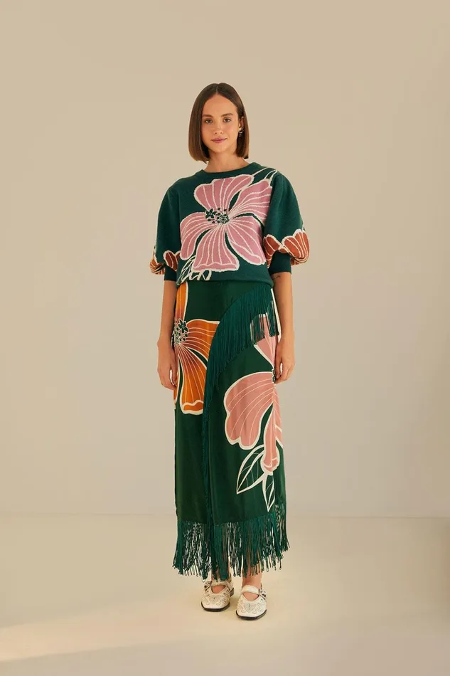 Women Green Honolulu Flowers Fringe Maxi Skirt Honolulu Flowers Green FARM Rio Skirts