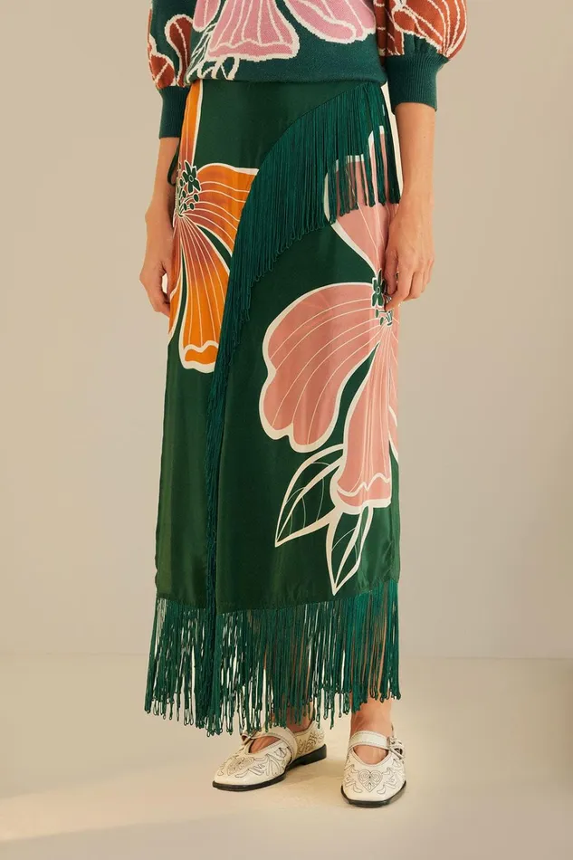 Women Green Honolulu Flowers Fringe Maxi Skirt Honolulu Flowers Green FARM Rio Skirts