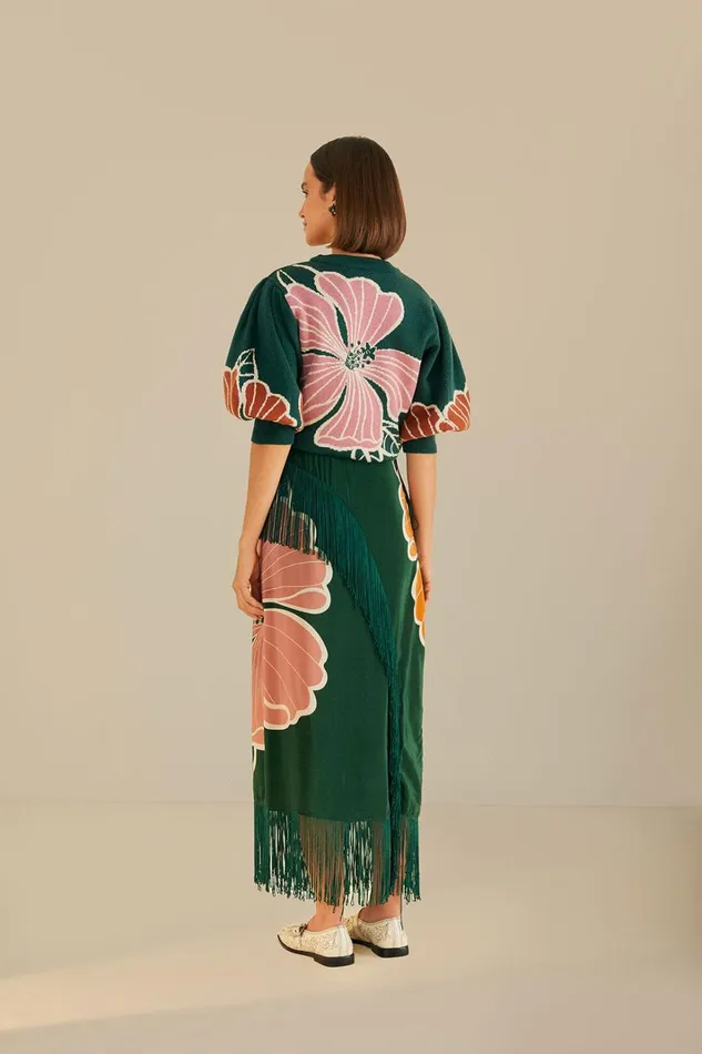 Women Green Honolulu Flowers Fringe Maxi Skirt Honolulu Flowers Green FARM Rio Skirts