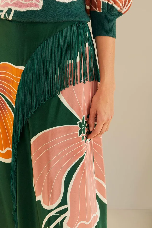 Women Green Honolulu Flowers Fringe Maxi Skirt Honolulu Flowers Green FARM Rio Skirts