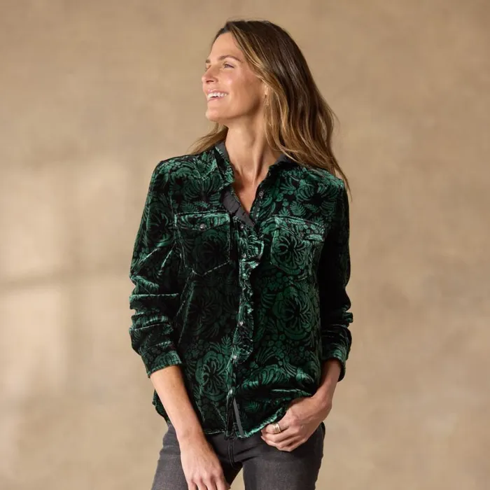 Women Gretel Vines Velvet Shirt Emerald Sundance Catalog Tops