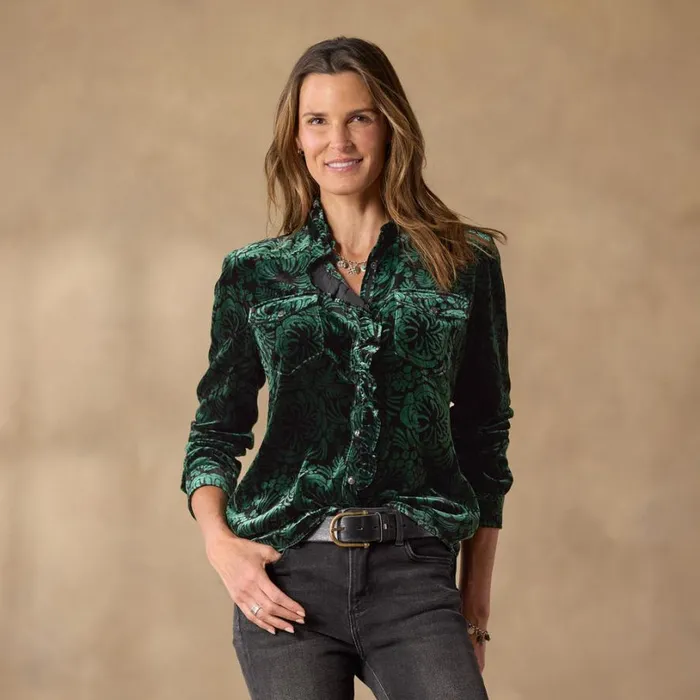 Women Gretel Vines Velvet Shirt Emerald Sundance Catalog Tops Women Gretel Vines Velvet Shirt Emerald Sundance Catalog Tops