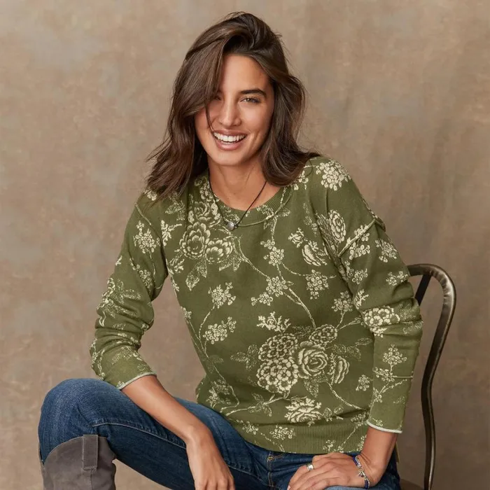 Women Inti Floral Sweater Chive Sundance Catalog Sweaters
