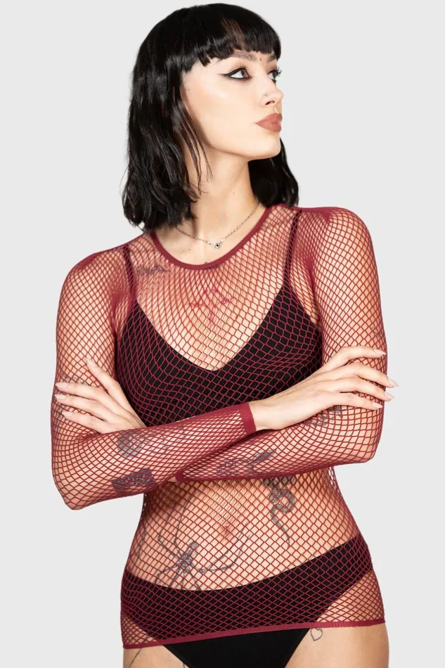 Women Long Sleeves Killstar Hellrazor Fishnet Top BURGUNDY