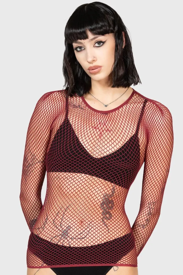 Women Long Sleeves Killstar Hellrazor Fishnet Top BURGUNDY