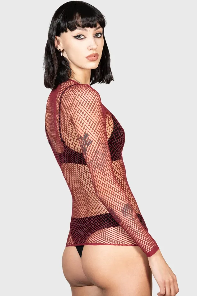 Women Long Sleeves Killstar Hellrazor Fishnet Top BURGUNDY